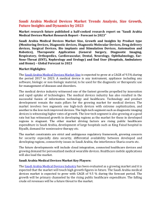 Saudi Arabia Medical Devices Market Trends Analysis, Size Growth, Future Insights and Dynamics by 2023