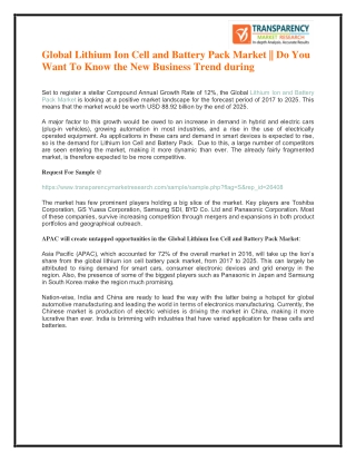 Global Lithium Ion Cell and Battery Pack Market || Do You Want To Know the New Business Trend during