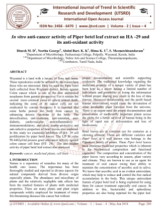 In vitro anti cancer activity of Piper betel leaf extract on HA 29 and its anti oxidant activity