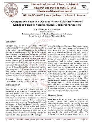 Comparative Analysis of Ground Water and Surface Water of Kolhapur based on various Physico Chemical Parameters