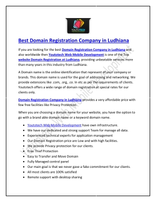 Best Domain Registration Company in Ludhiana - Youtotech Web Mobile Development