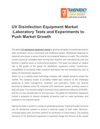 UV Disinfection Equipment Market :Laboratory Tests and Experiments to Push Market Growth