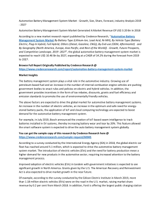 Automotive Battery Management System Market - Growth, Size, Share, Forecast, industry Analysis 2019 - 2027