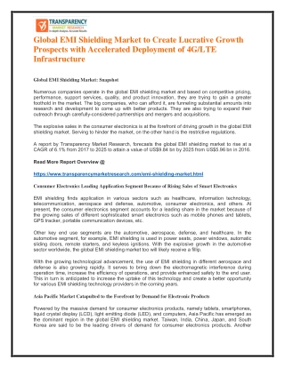 Global EMI Shielding Market to Create Lucrative Growth Prospects with Accelerated Deployment of 4G/LTE Infrastructure
