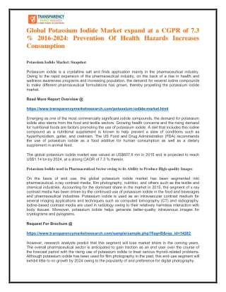 Global Potassium Iodide Market expand at a CGPR of 7.3 % 2016-2024: Prevention Of Health Hazards Increases Consumption
