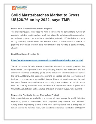 Solid Masterbatches Market to Cross US$28.76 bn by 2022, says TMR