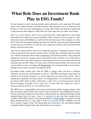 What Role Does an Investment Bank Play in ESG Funds?