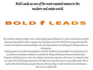 Bold Leads as one of the most reputed names in the modern real estate world