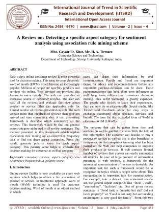 A Review on Detecting a specific aspect category for sentiment analysis using association rule mining scheme