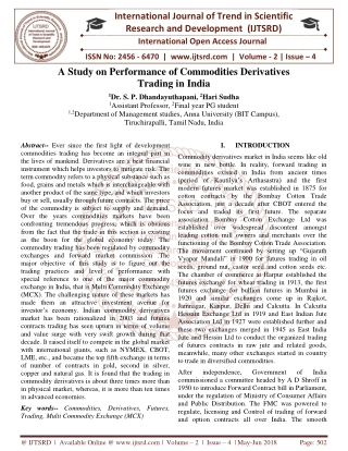 A Study on Performance of Commodities Derivatives Trading in India