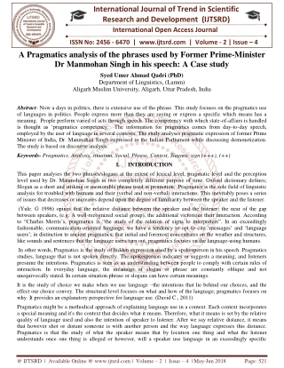 A Pragmatics analysis of the phrases used by Former Prime Minister Dr Manmohan Singh in his speech A Case study