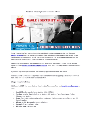 Top 5 Lists of Security Guards Companies in India