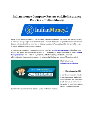 Indian money Company Review on Life Insurance Policies – Indian Money
