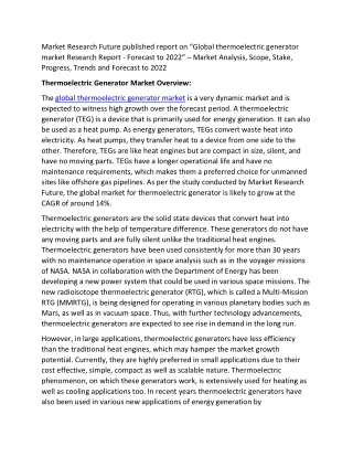 Global Thermoelectric Generator Market Overview 2019 to 2023: Size, Share, Trends, Manufacturers