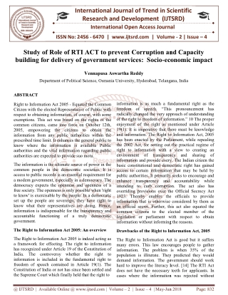 Study of Role of RTI ACT to prevent Corruption and Capacity building for delivery of government services Socio economic