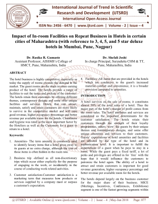 Impact of In room Facilities on Repeat Business in Hotels in certain cities of Maharashtra with reference to 3, 4, 5, an