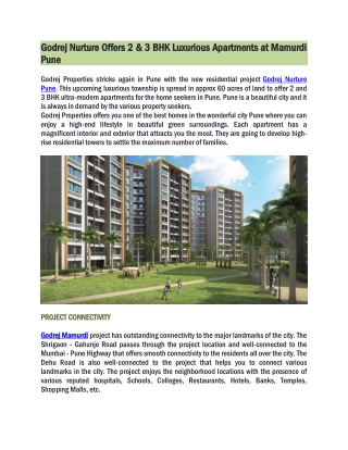 Godrej Nurture Offers 2 & 3 BHK Luxurious Apartments at Mamurdi Pune