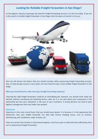 Looking for Reliable Freight Forwarders in San Diego?