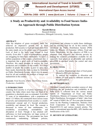 A Study on Productivity and Availability to Food Secure India An Approach through Public Distribution System