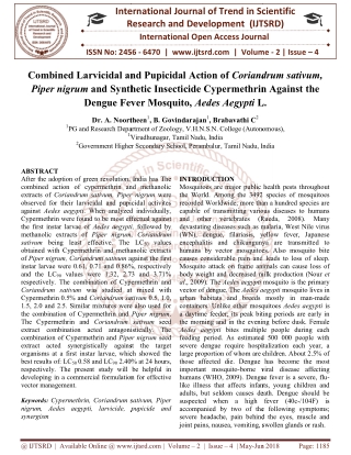 Combined Larvicidal and Pupicidal Action of Coriandrum sativum, Piper nigrum and Synthetic Insecticide Cypermethrin Agai