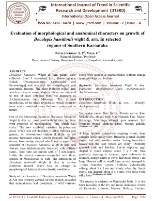 Evaluation of morphological and anatomical characters on growth of Decalepis hamiltonii wight and arn. In selected regio