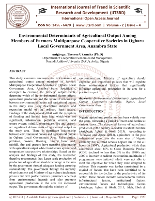 Environmental Determinants of Agricultural Output Among Members of Farmers Multipurpose Cooperative Societies in Ogbaru