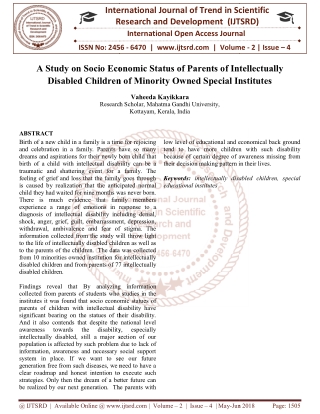 A Study on Socio Economic Status of Parents of Intellectually Disabled Children of Minority Owned Special Institutes