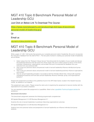 MGT 410 Topic 8 Benchmark Personal Model of Leadership GCU