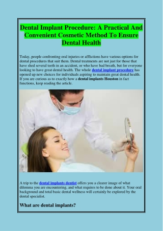 Dental Implant Procedure: A Practical And Convenient Cosmetic Method To Ensure Dental Health