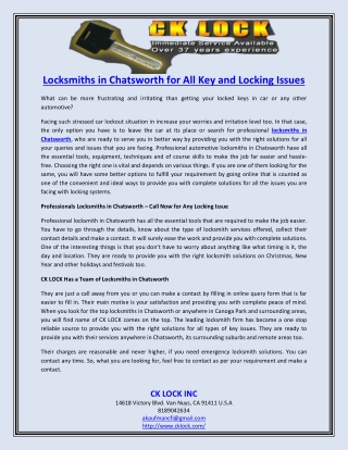 Locksmiths in Chatsworth for All Key and Locking Issues