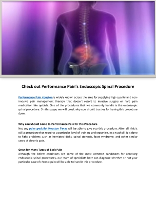 Check out Performance Pain’s Endoscopic Spinal Procedure