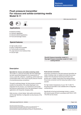 Flush pressure transmitterFor viscous and solids-containing media Model S-11