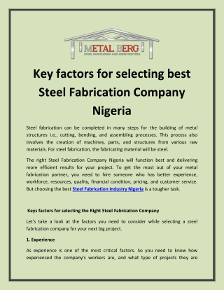 Key factors for selecting best Steel Fabrication Company Nigeria