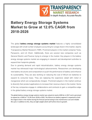 Battery Energy Storage Systems Market to Grow at 12.0% CAGR from 2018-2026