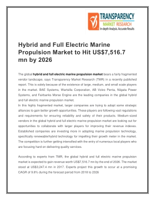 Hybrid and Full Electric Marine Propulsion Market to Hit US$7,516.7 mn by 2026