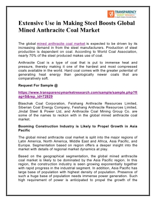 Extensive Use in Making Steel Boosts Global Mined Anthracite Coal Market