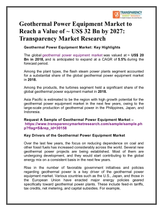 Geothermal Power Equipment Market to Reach a Value of ~ US$ 32 Bn by 2027: Transparency Market Research