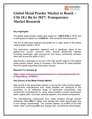 Global Metal Powder Market to Reach ~ US$ 10.1 Bn by 2027: Transparency Market Research