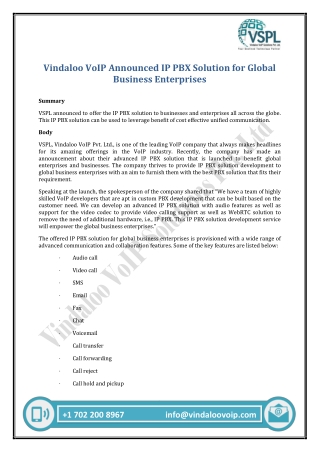Vindaloo VoIP Announced IP PBX Solution for Global Business Enterprises
