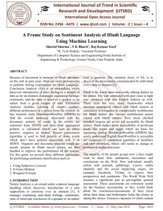 A Frame Study on Sentiment Analysis of Hindi Language Using Machine Learning