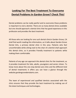 Looking For The Best Treatment To Overcome Dental Problems In Garden Grove? Check This!