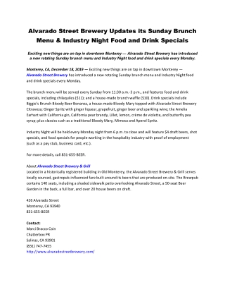 Alvarado Street Brewery Updates its Sunday Brunch Menu & Industry Night Food and Drink Specials