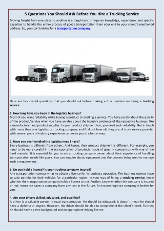 5 Questions You Should Ask Before You Hire a Trucking Service