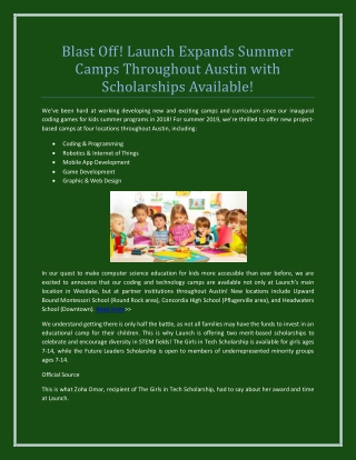 Blast Off! Launch Expands Summer Camps Throughout Austin with Scholarships Available!