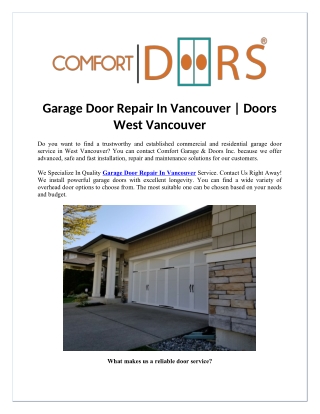 Garage Door Repair In Vancouver | Doors West Vancouver