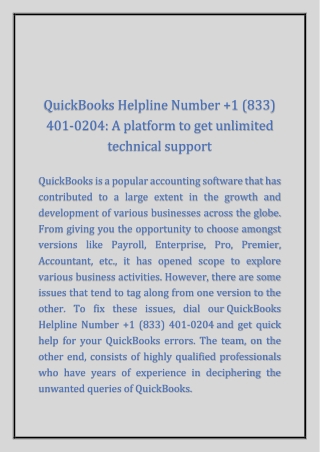 QuickBooks Helpline Number  1 (833) 401-0204: A platform to get unlimited technical support