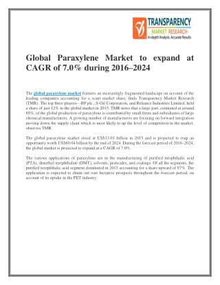Global Paraxylene Market to expand at CAGR of 7.0% during 2016–2024