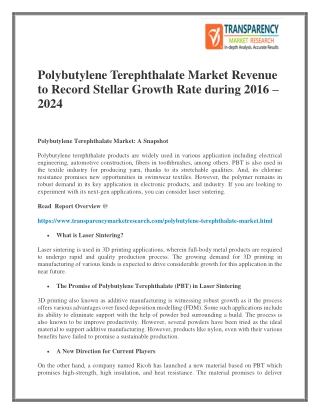 Polybutylene Terephthalate Market Revenue to Record Stellar Growth Rate during 2016 – 2024