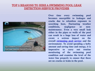 TOP 5 REASONS TO HIRE A SWIMMING POOL LEAK DETECTION SERVICE PROVIDER