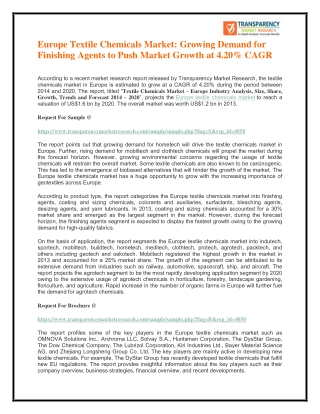 Europe Textile Chemicals Market: Growing Demand for Finishing Agents to Push Market Growth at 4.20% CAGR